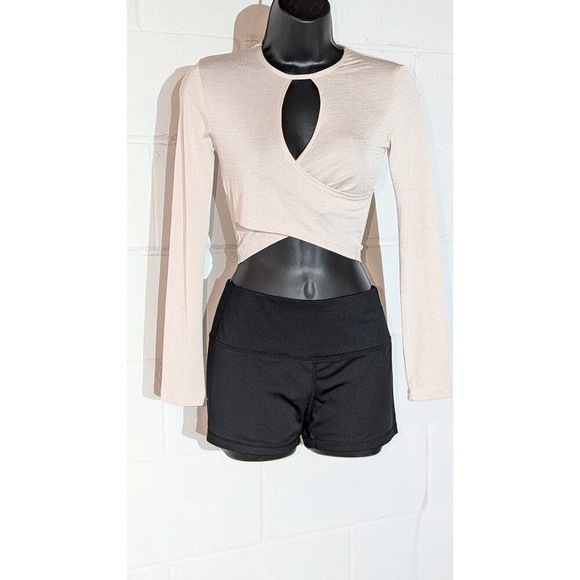 Pink Long Sleeve Crop Top Keyhole Cutout Wrap Front Shirt Blouse Small - Picture 1 of 3